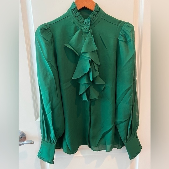 NWT Divine Heritage Silk Ruffle Front Blouse  Emerald Sheer Puff Sleeve - Picture 3 of 16